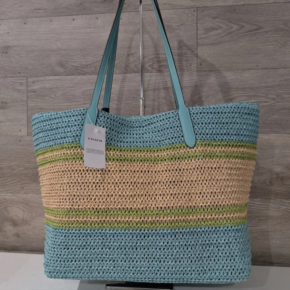 New Coach Straw Blue and Green Woven City Tote Bag - Picture 4 of 7
